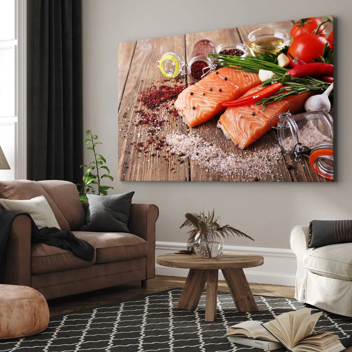 Schilderen op canvas - Zalmfilets met kruiden op een houten achtergrond - 70x50cm - Noors avontuur in de keuken - Moderne wanddecoratie voor woonkamer en slaapkamer ARTTOR