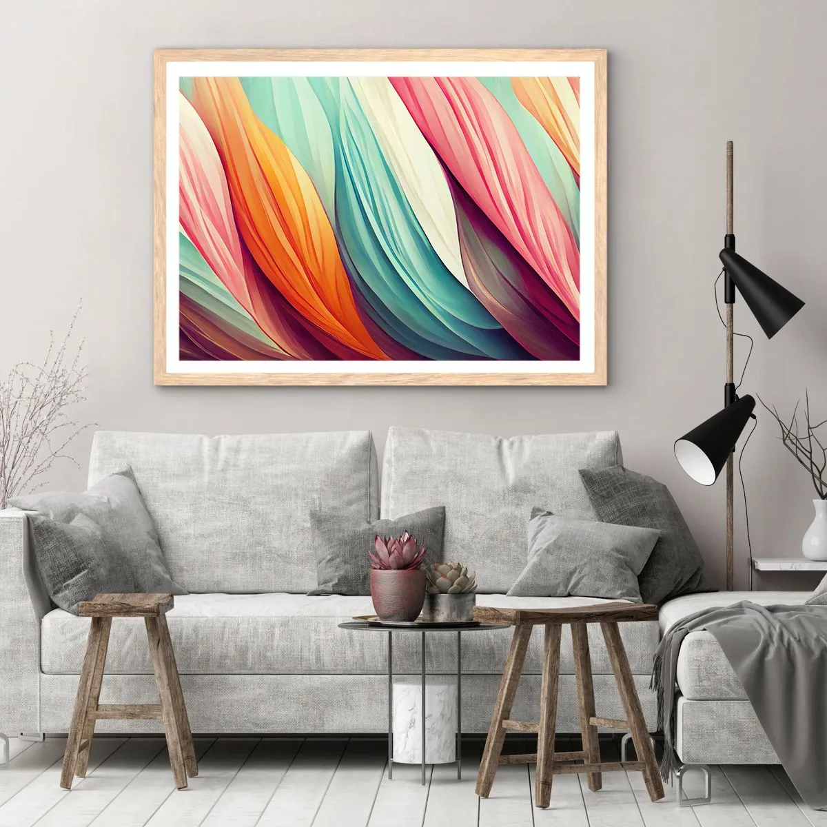 Een poster in een licht eiken lijst - Regenboog geweven - 50x40 cm