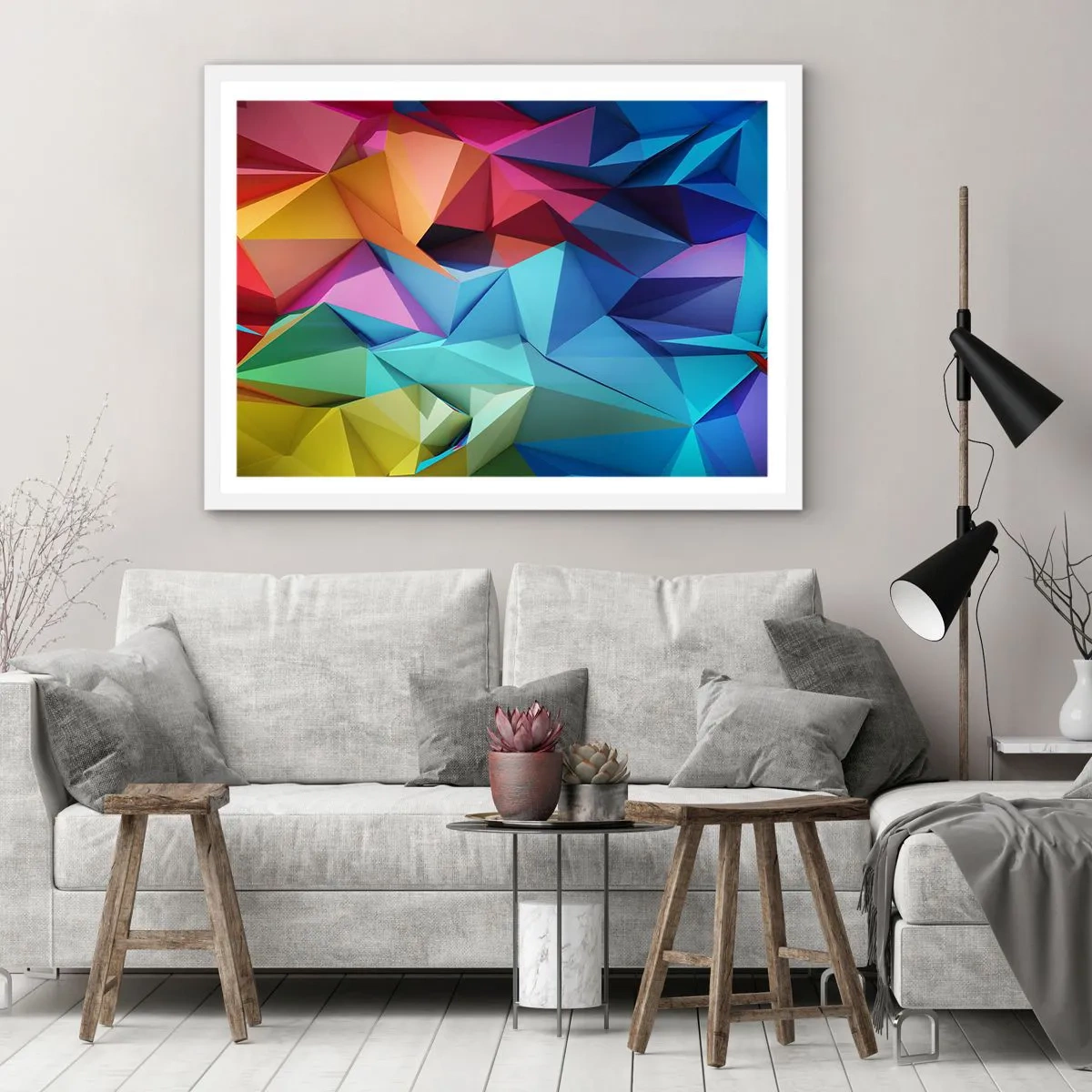 Poster in een witte lijst - Regenboog origami - 70x50 cm