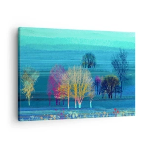 Schilderen op canvas - Kleurrijke bomen tegen een blauw, minimalistisch landschap - 70x50cm - Een gekamd landschap - Moderne wanddecoratie voor woonkamer en slaapkamer ARTTOR