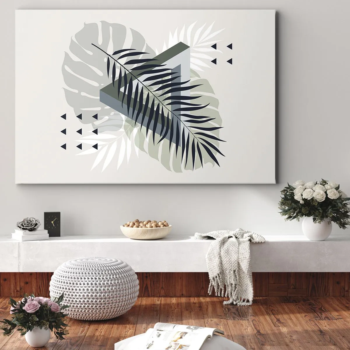 Schilderen op canvas - Geometrische compositie met tropische bladeren in tinten groen - 70x50cm - Natuur en geometrie - twee orden? - Moderne wanddecoratie voor woonkamer en slaapkamer ARTTOR