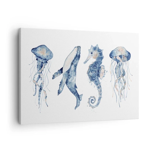 Schilderen op canvas - Kwallen, walvissen en zeepaardjes in aquarelstijl - 70x50cm - Zee wonderen - Moderne wanddecoratie voor woonkamer en slaapkamer ARTTOR