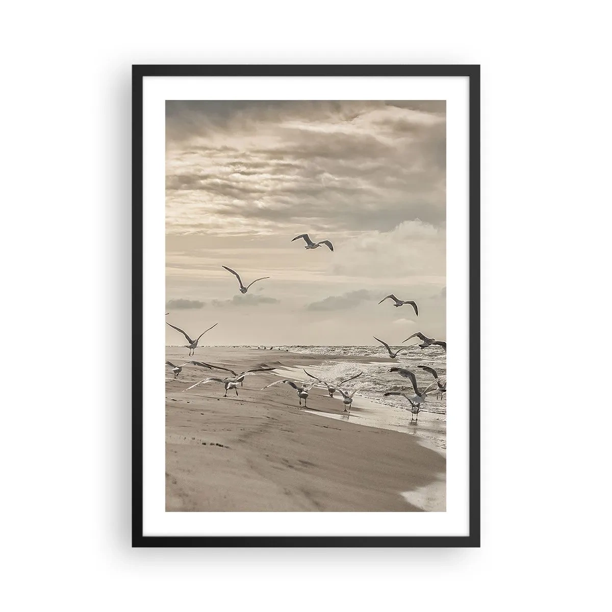 Poster in een zwarte lijst - Meeuwen zweven boven de kust onder een bewolkte hemel - 50x70cm - Het geluid van de zee, het zingen van vogels - Moderne wanddecoratie voor woonkamer en slaapkamer ARTTOR