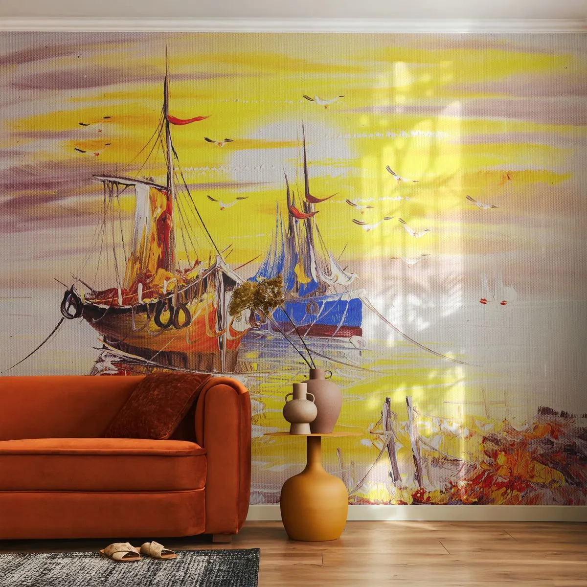 Fotobehang Premium Canvas - Een welverdiende rust in de haven - Vissersboot, Vissen, Vogels - 350x256 cm