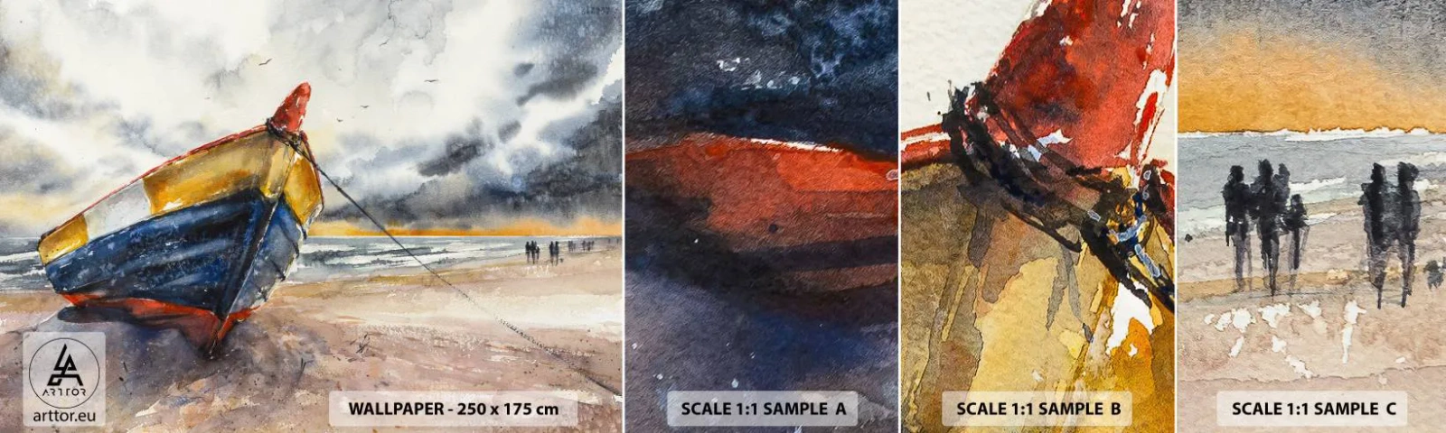 Fotobehang Staaltje Standard Eco - Rust aan de kust - Landschap, Boot, Kust - 100x30 cm