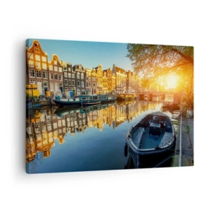 Schilderen op canvas - Amsterdamse gracht bij zonsondergang - 70x50cm - Ochtend in Amsterdam - Moderne wanddecoratie voor woonkamer en slaapkamer ARTTOR