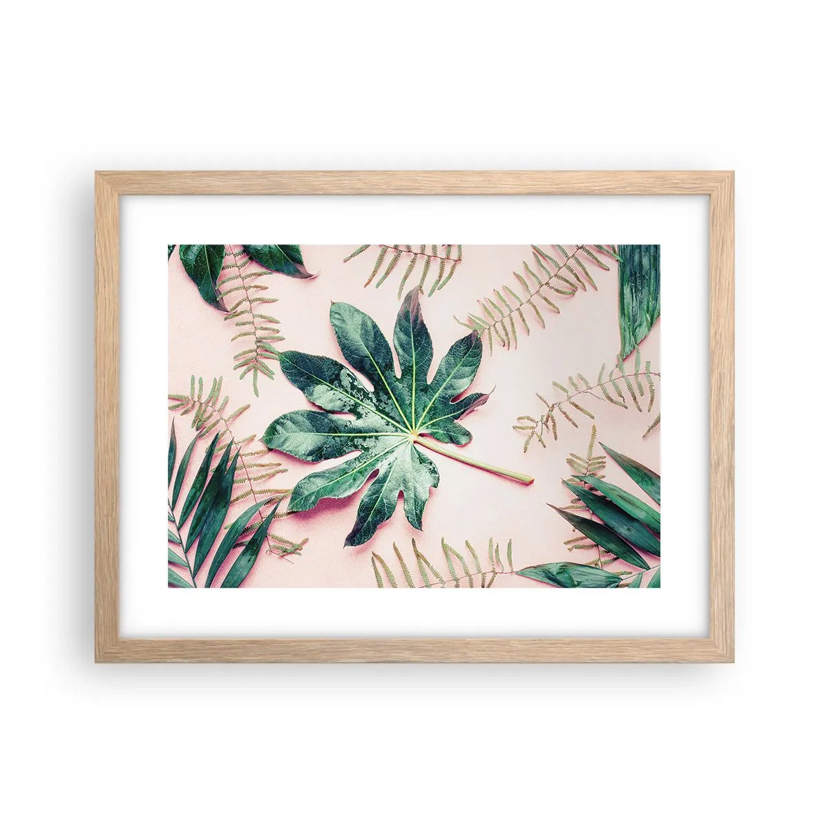 Een poster in een licht eiken lijst - Een studie van groen op een roze achtergrond - 40x30 cm