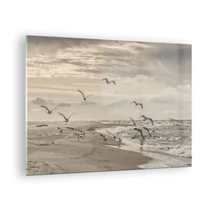 Schilderen op glas - Vogels aan de kust bij zonsopgang in sepiatinten - 70x50cm - Het geluid van de zee, het zingen van vogels - Moderne wanddecoratie voor woonkamer en slaapkamer ARTTOR
