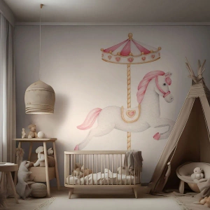 Fotobehang Premium Canvas - Hij raakte de grond rennend - Paard, Draaimolen, Meisjesachtig - 300x210 cm