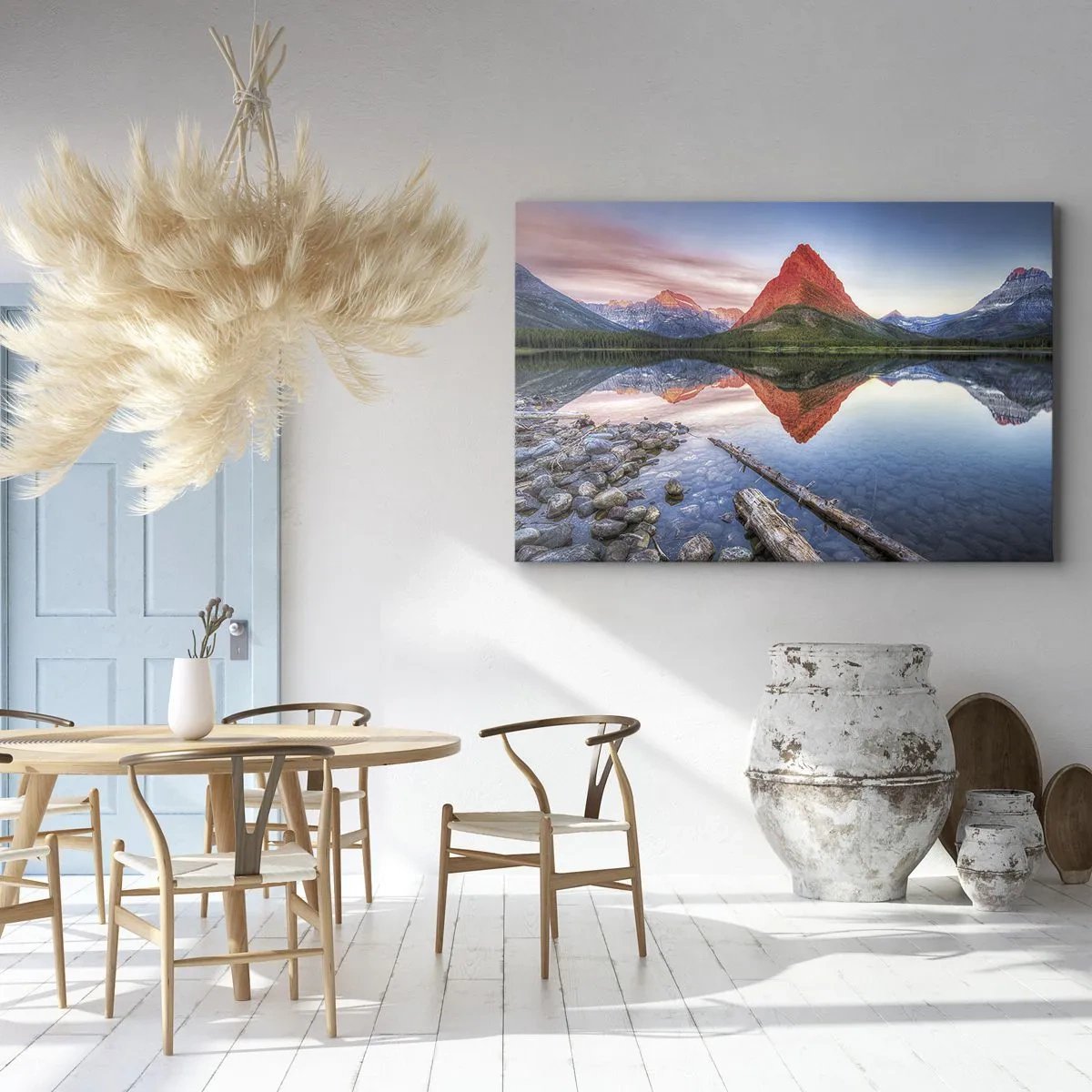 Schilderen op canvas - Een berg weerspiegeld in een meer bij zonsondergang - 70x50cm - Warmte en koude - Moderne wanddecoratie voor woonkamer en slaapkamer ARTTOR