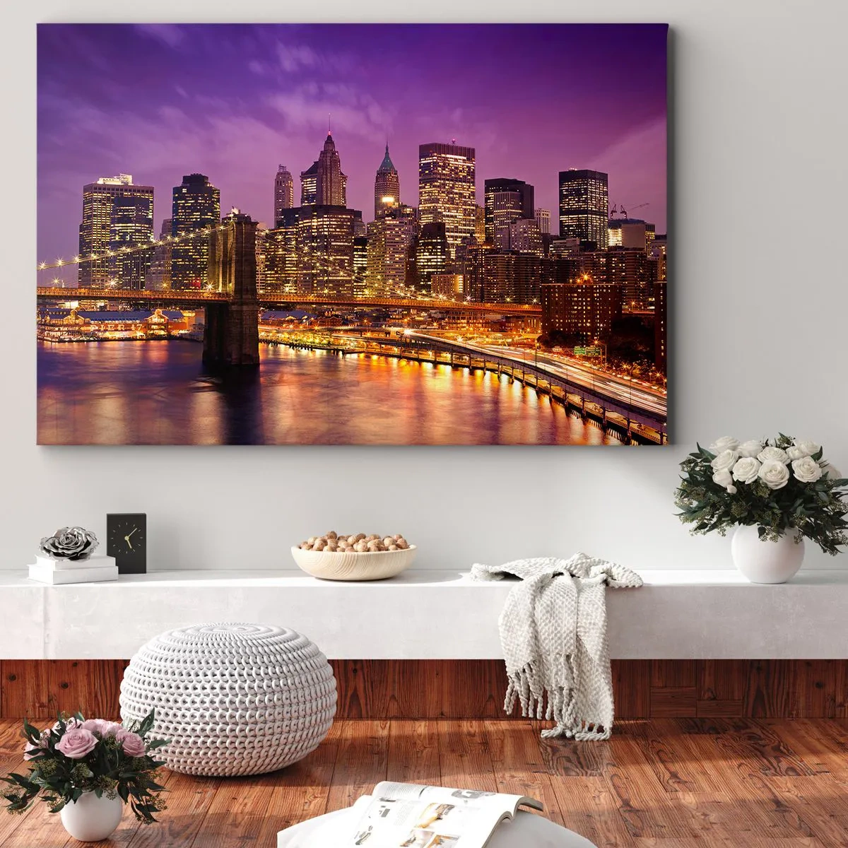 Schilderen op canvas - Panorama van de stad met de brug in het avondlicht tegen de paarse lucht - 70x50cm - Violet-goud Manhattan - Moderne wanddecoratie voor woonkamer en slaapkamer ARTTOR
