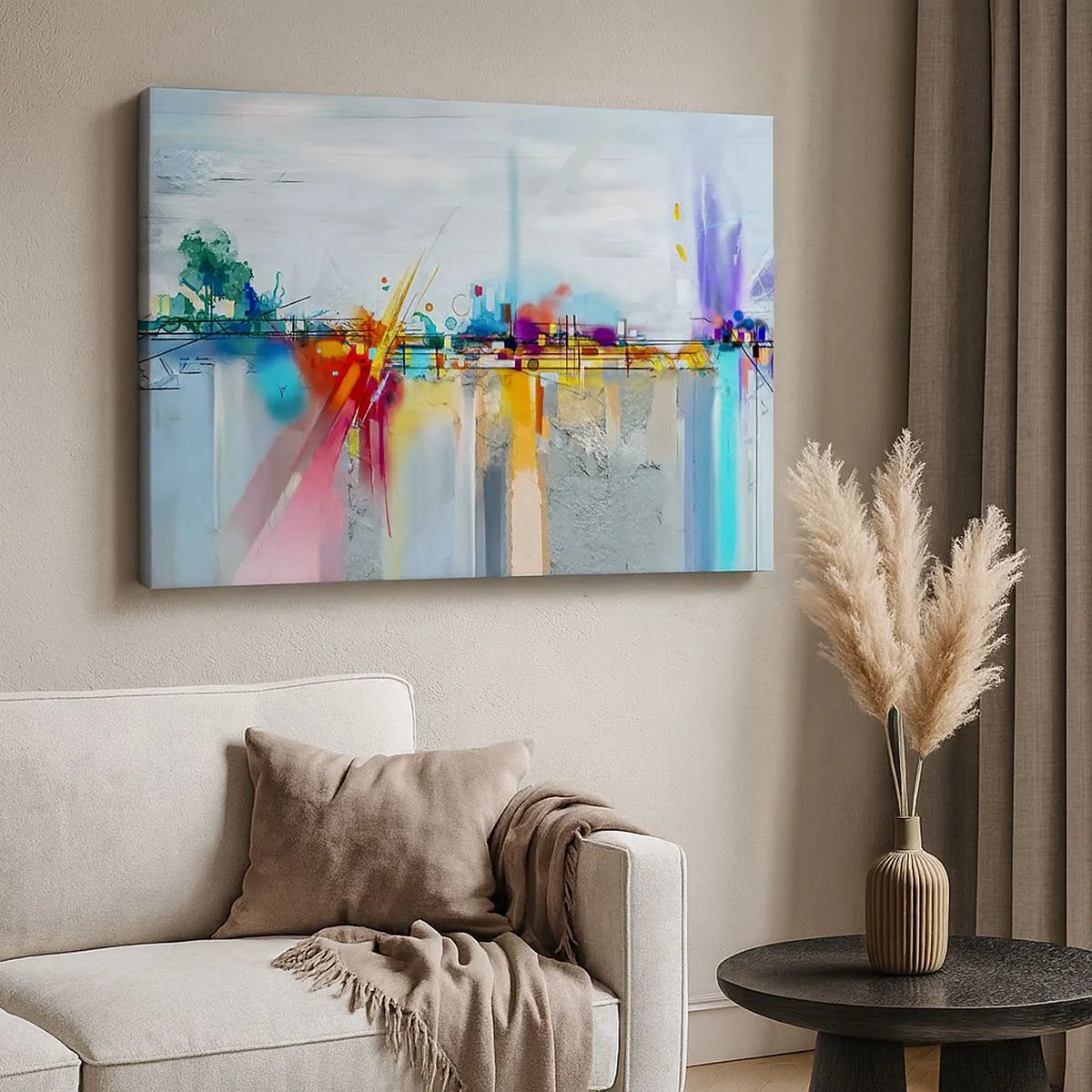 Schilderen op canvas - Abstract landschap met kleurrijke accenten - 70x50cm - Brug van vreugde bij de rivier van het leven - Moderne wanddecoratie voor woonkamer en slaapkamer ARTTOR
