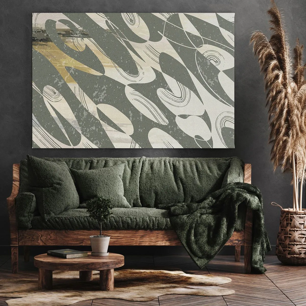 Schilderen op canvas - Dynamische vormen in tinten groen en goud - 70x50cm - Ritmische abstractie - Moderne wanddecoratie voor woonkamer en slaapkamer ARTTOR