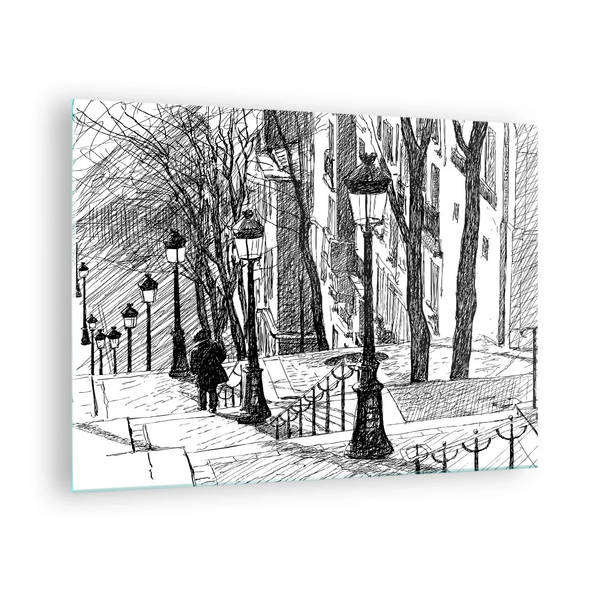 Schilderen op glas - Zwart-wit tekening van een stadsstraat met lantaarns - 70x50cm - Een liefdesverhaal of een horrorverhaal? - Moderne wanddecoratie voor woonkamer en slaapkamer ARTTOR