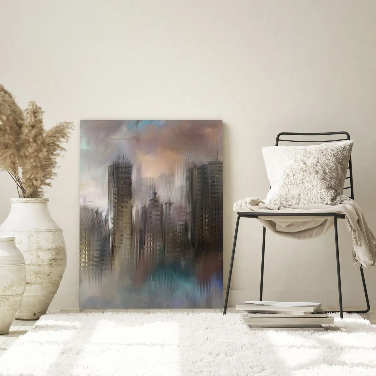 Schilderen op glas - Een compositie van staal, steen en mist - 50x70 cm