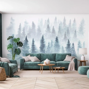Fotobehang Premium Canvas - Gehuld in mist - Landschap, Woud, Sparren - 300x210 cm