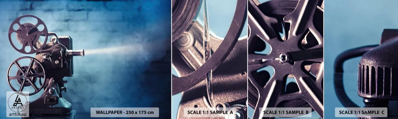 Fotobehang Monster Zelfklevend Deluxe Sticker - In de oude bioscoop - Beamer, Vintage, Camera - 100x30 cm