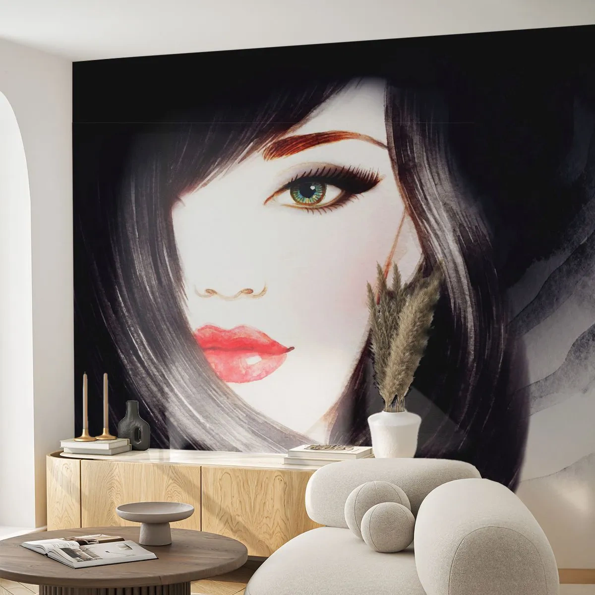 Fotobehang op maat Zelfklevend Deluxe Sticker - Saffier look - Het gezicht van de vrouw, rode lippen, Groene ogen