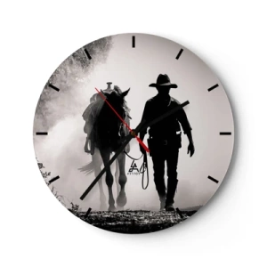 Wandklok - Klok - Een cowboy die zijn paard leidt in de ochtendmist - 30x30cm - Texas ochtend - Moderne wanddecoratie voor woonkamer, keuken en slaapkamer ARTTOR