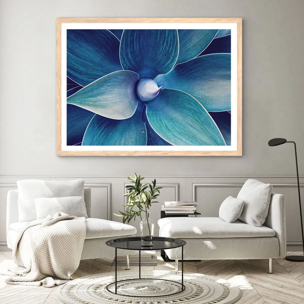 Een poster in een licht eiken lijst - Blauw uit de lucht - 91x61 cm