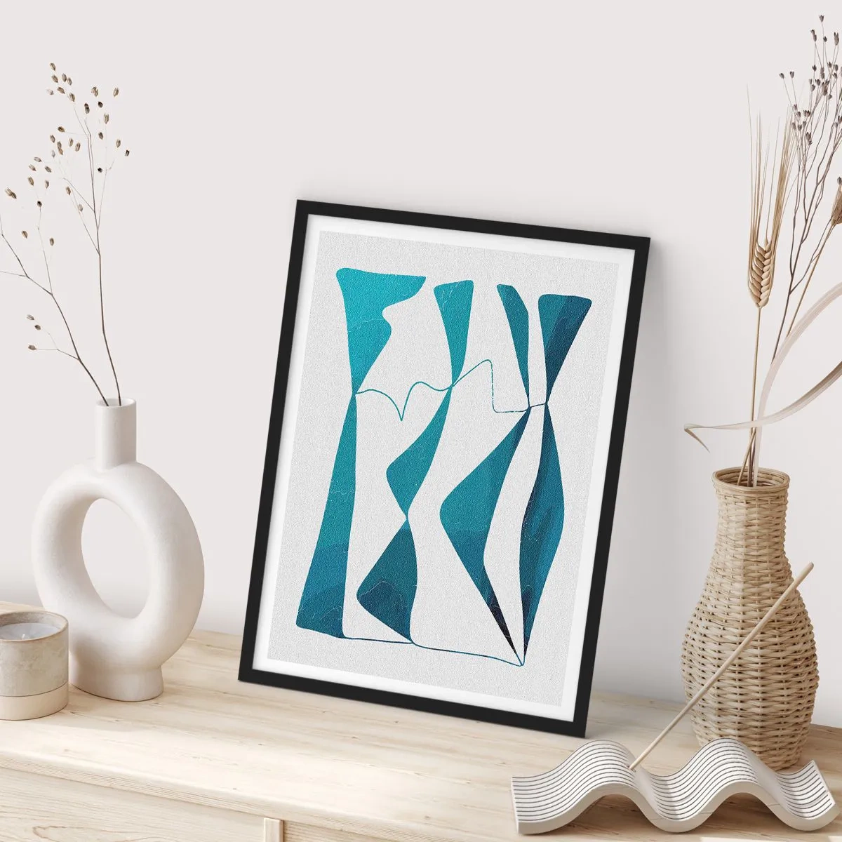 Poster in een zwarte lijst - Een abstracte compositie in blauwtinten met dynamische lijnen. - 50x70cm - Abstractie: turquoise verbinding - Moderne wanddecoratie voor woonkamer en slaapkamer ARTTOR