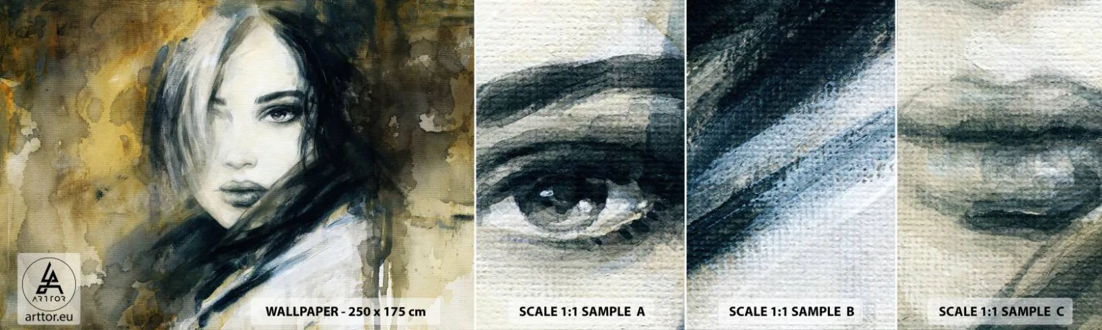 Fotobehang Monster Zelfklevend Deluxe Sticker - onschuldiger of sensueler? - Portret van een vrouw, Het gezicht van de vrouw, Grafisch - 100x30 cm