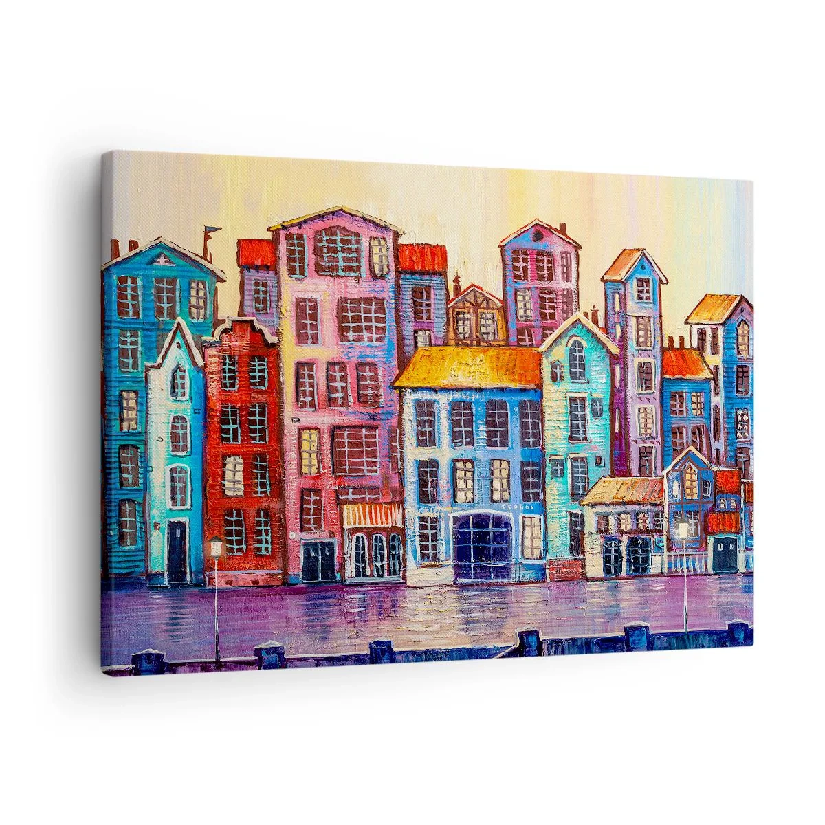 Schilderen op canvas - Kleurrijke huurkazernes aan het water in artistieke stijl - 70x50cm - Een stad als uit een sprookje - Moderne wanddecoratie voor woonkamer en slaapkamer ARTTOR