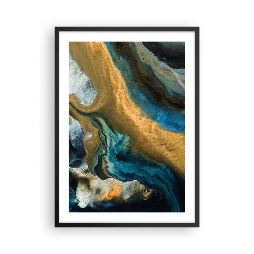 Poster in een zwarte lijst - Een abstracte compositie in tinten goud en blauw. - 50x70cm - Blauw - geel - wederzijdse invloeden - Moderne wanddecoratie voor woonkamer en slaapkamer ARTTOR