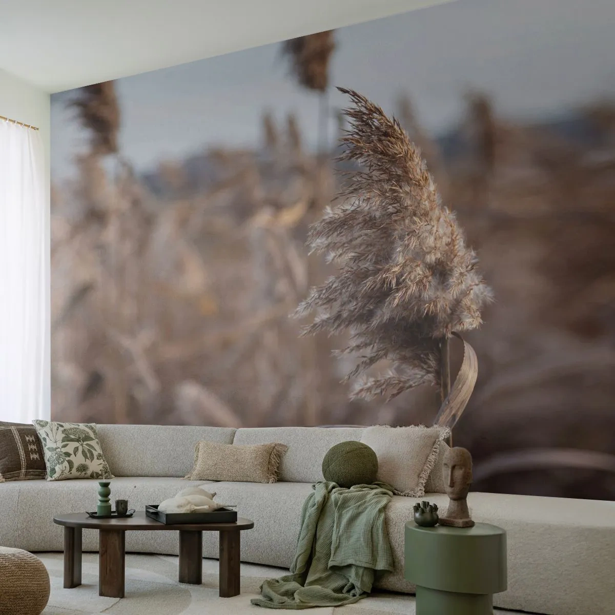 Zelfklevend Fotobehang Deluxe Sticker - Tijd om met de wind mee te gaan - Wei, Pampagras, Natuur - 250x175 cm
