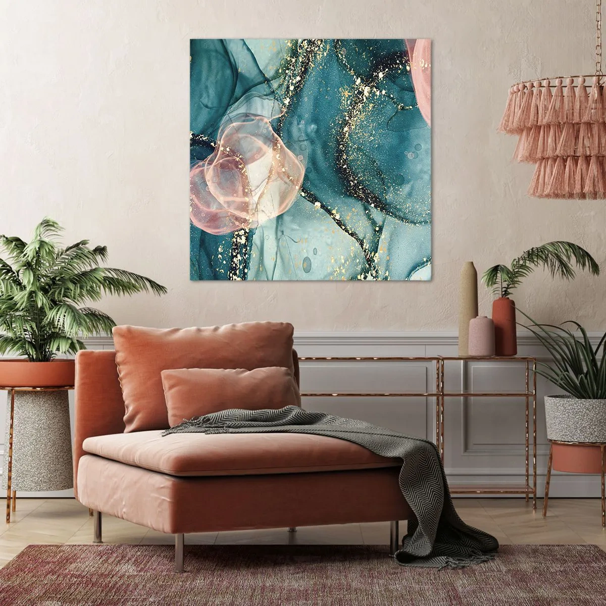 Schilderen op canvas - Zijdeblauw, tule roze - 70x70 cm
