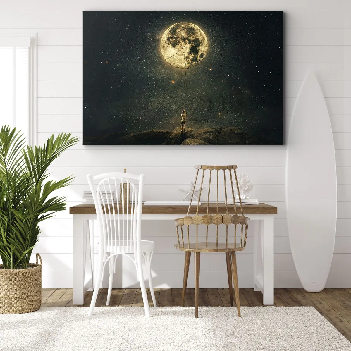 Schilderen op canvas - Man met de maan tegen de sterrenhemel - 70x50cm - Iemand die de maan heeft gestolen - Moderne wanddecoratie voor woonkamer en slaapkamer ARTTOR