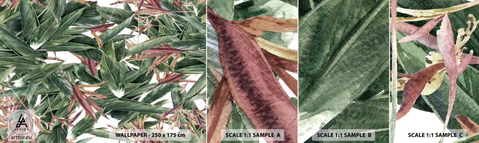 Fotobehang Monster Zelfklevend Deluxe Sticker - Smaragd-lila struikgewas - Bloemen, Hawaii, Bladeren - 100x30 cm