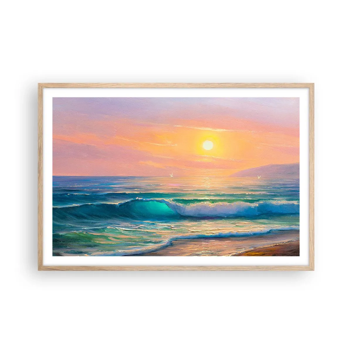 Een poster in een licht eiken lijst - Een turquoise lied van de golven - 91x61 cm