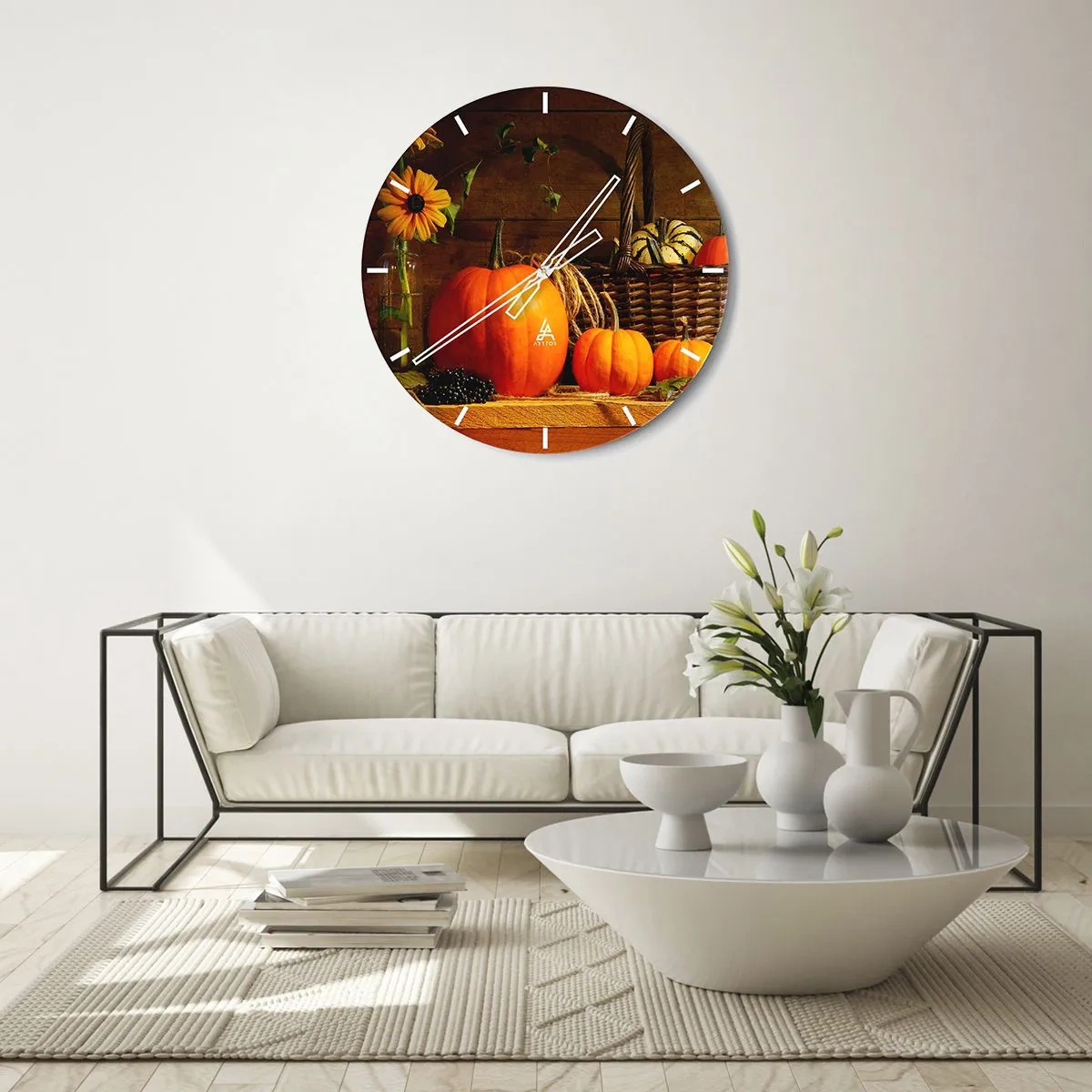 Wandklok - Klok - Een compositie van pompoenen, zonnebloemen en een rieten mand - 30x30cm - Een rustieke compositie - geschenken van de herfst - Moderne wanddecoratie voor woonkamer, keuken en slaapkamer ARTTOR