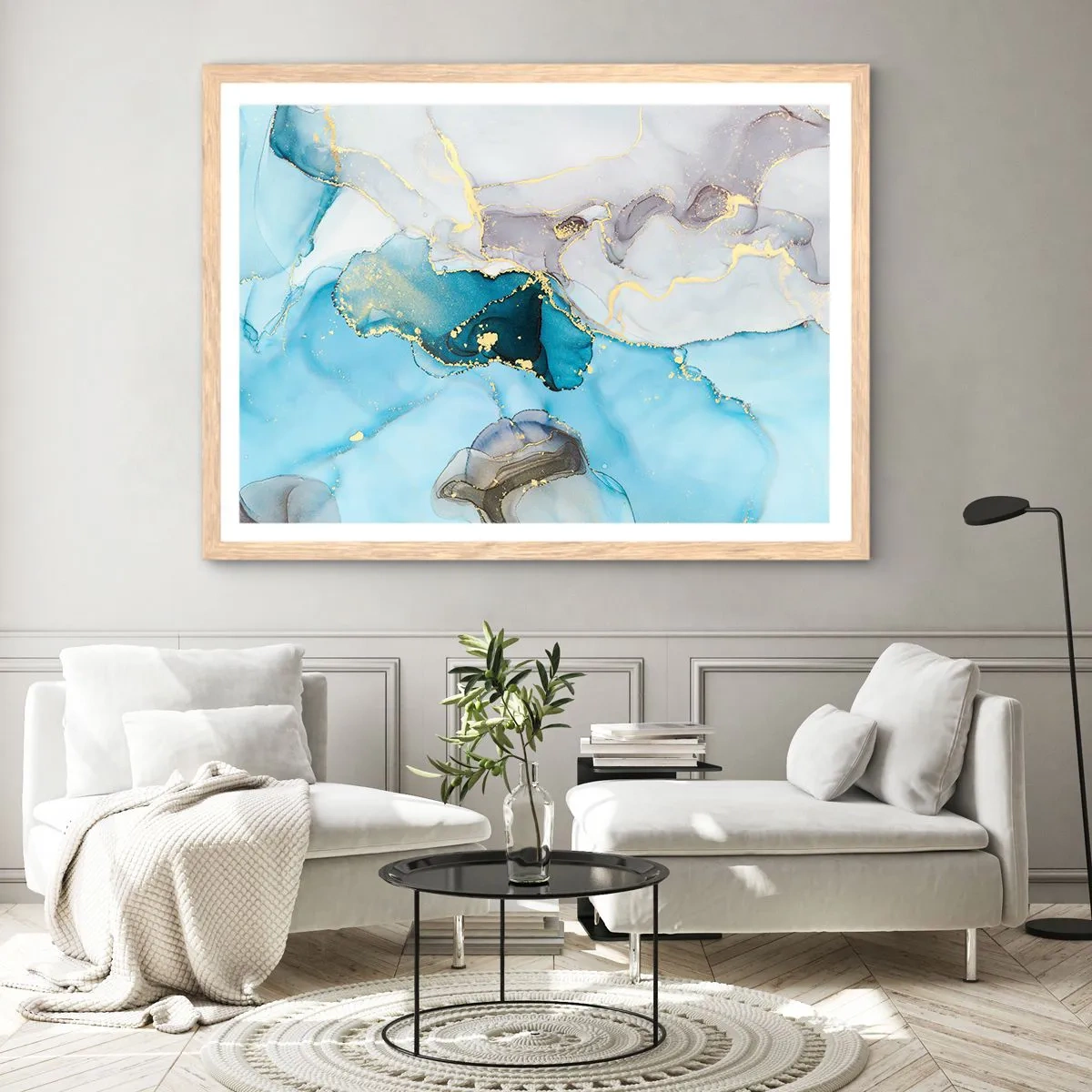 Een poster in een licht eiken lijst - Een studie van de ontmoeting van grijs en turkoois - 70x50 cm
