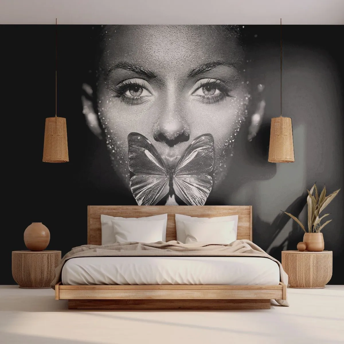 Fotobehang Premium Canvas - Vlinder kus - Abstractie, Vrouw, Vlinder - 200x140 cm