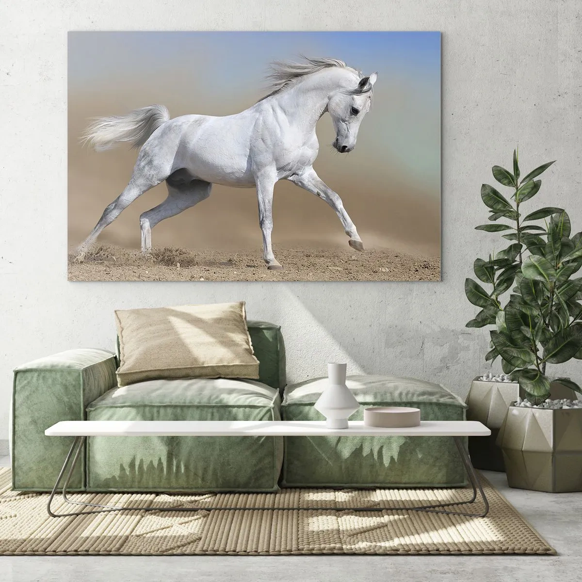 Schilderen op glas - Een wit paard galoppeert over de zanderige grond - 70x50cm - Het mooiste Arabische sprookje - Moderne wanddecoratie voor woonkamer en slaapkamer ARTTOR
