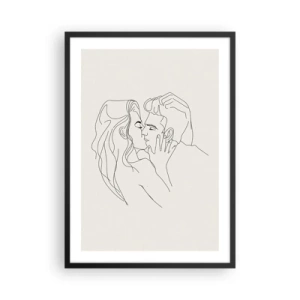 Poster in een zwarte lijst - Een minimalistische tekening van een verliefd stelletje met delicate lijnen. - 50x70cm - Verstrikt in gevoel - Moderne wanddecoratie voor woonkamer en slaapkamer ARTTOR