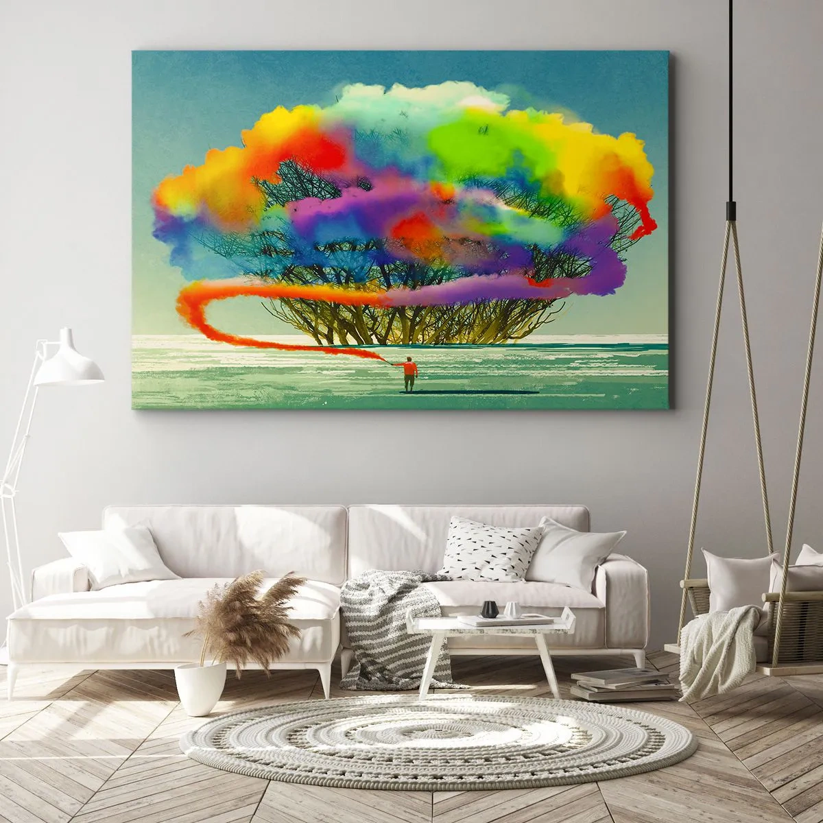 Schilderen op canvas - Een figuur met gekleurde rook op de achtergrond van een boom in de wildernis - 70x50cm - Breng deze wereld tot leven - Moderne wanddecoratie voor woonkamer en slaapkamer ARTTOR