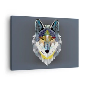 Schilderen op canvas - Geometrisch beeld van een wolf op een grijze achtergrond - 70x50cm - Als we het over de duivel hebben - Moderne wanddecoratie voor woonkamer en slaapkamer ARTTOR