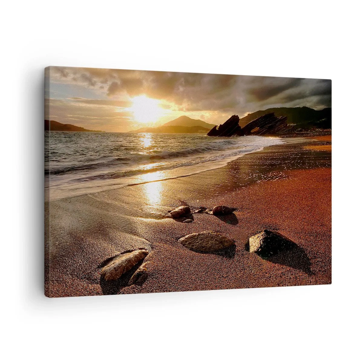Schilderen op canvas - Strand bij zonsondergang met stenen aan de kust - 70x50cm - Volg de zon naar de heuvels - Moderne wanddecoratie voor woonkamer en slaapkamer ARTTOR