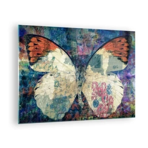 Schilderen op glas - Een kleurrijke vlinder op een abstracte achtergrond in tinten blauw en oranje. - 70x50cm - Subtiele kwetsbaarheid - Moderne wanddecoratie voor woonkamer en slaapkamer ARTTOR