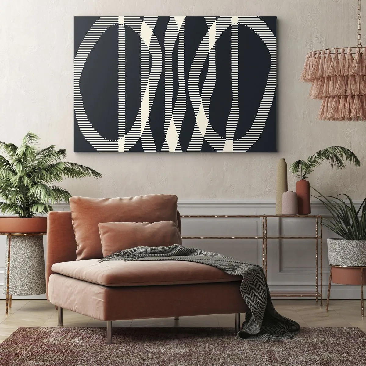 Schilderen op canvas - Geometrische lijnen in lichte tinten op een donkere achtergrond - 70x50cm - Een poging om de duisternis te doorbreken - Moderne wanddecoratie voor woonkamer en slaapkamer ARTTOR