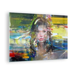 Schilderen op glas - Abstract portret van een vrouw met een dynamische achtergrond - 70x50cm - Achter de lucht een gordijn - Moderne wanddecoratie voor woonkamer en slaapkamer ARTTOR
