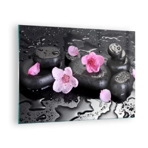 Schilderen op glas - Spa stenen met bloemen op een natte achtergrond - 70x50cm - En de steen valt uit het hart - Moderne wanddecoratie voor woonkamer en slaapkamer ARTTOR