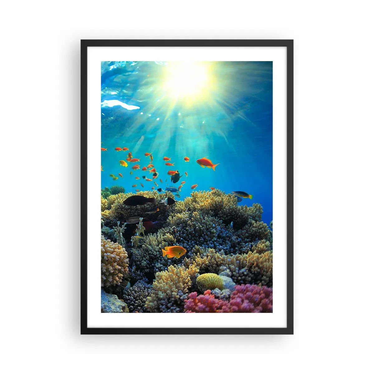 Poster in een zwarte lijst - Onderwaterlandschap met koraalrif en kleurrijke vissen - 50x70cm - Onderwater schatten - Moderne wanddecoratie voor woonkamer en slaapkamer ARTTOR