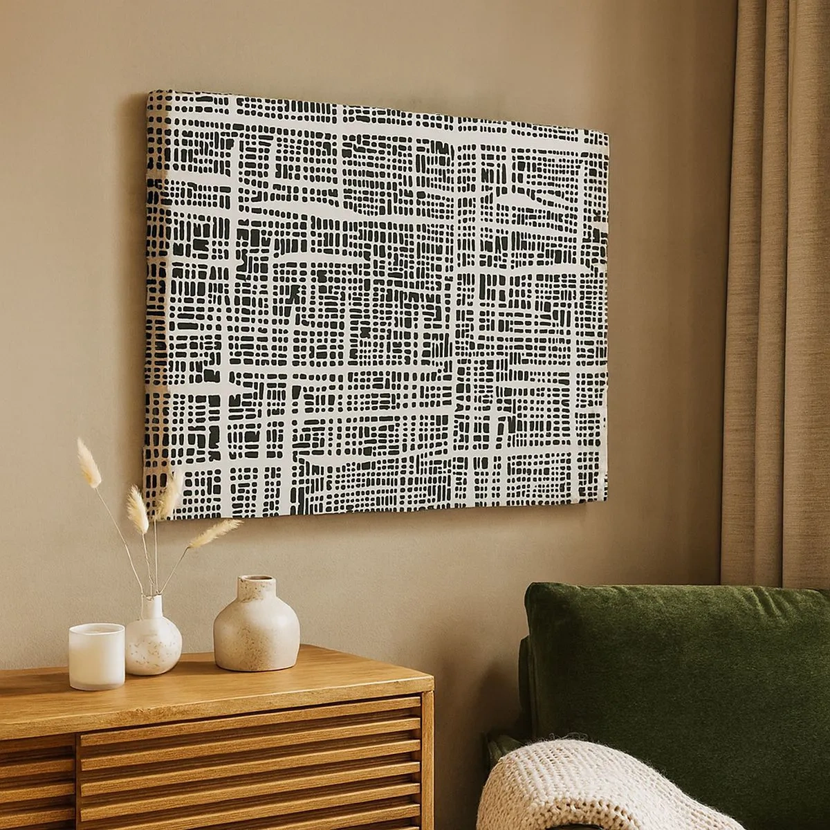 Schilderen op canvas - Een geometrisch patroon dat lijkt op een raster op een lichte achtergrond - 70x50cm - Geweven compositie - Moderne wanddecoratie voor woonkamer en slaapkamer ARTTOR