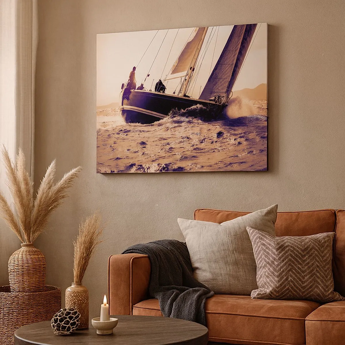 Schilderen op canvas - Een jacht op een stormachtige zee in het licht van de ondergaande zon - 70x50cm - Zeil, matroos - Moderne wanddecoratie voor woonkamer en slaapkamer ARTTOR