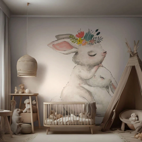 Fotobehang Premium Canvas - Het is het beste met mama - Voor kinderen, Konijn, Moeder Met Kind - 500x350 cm