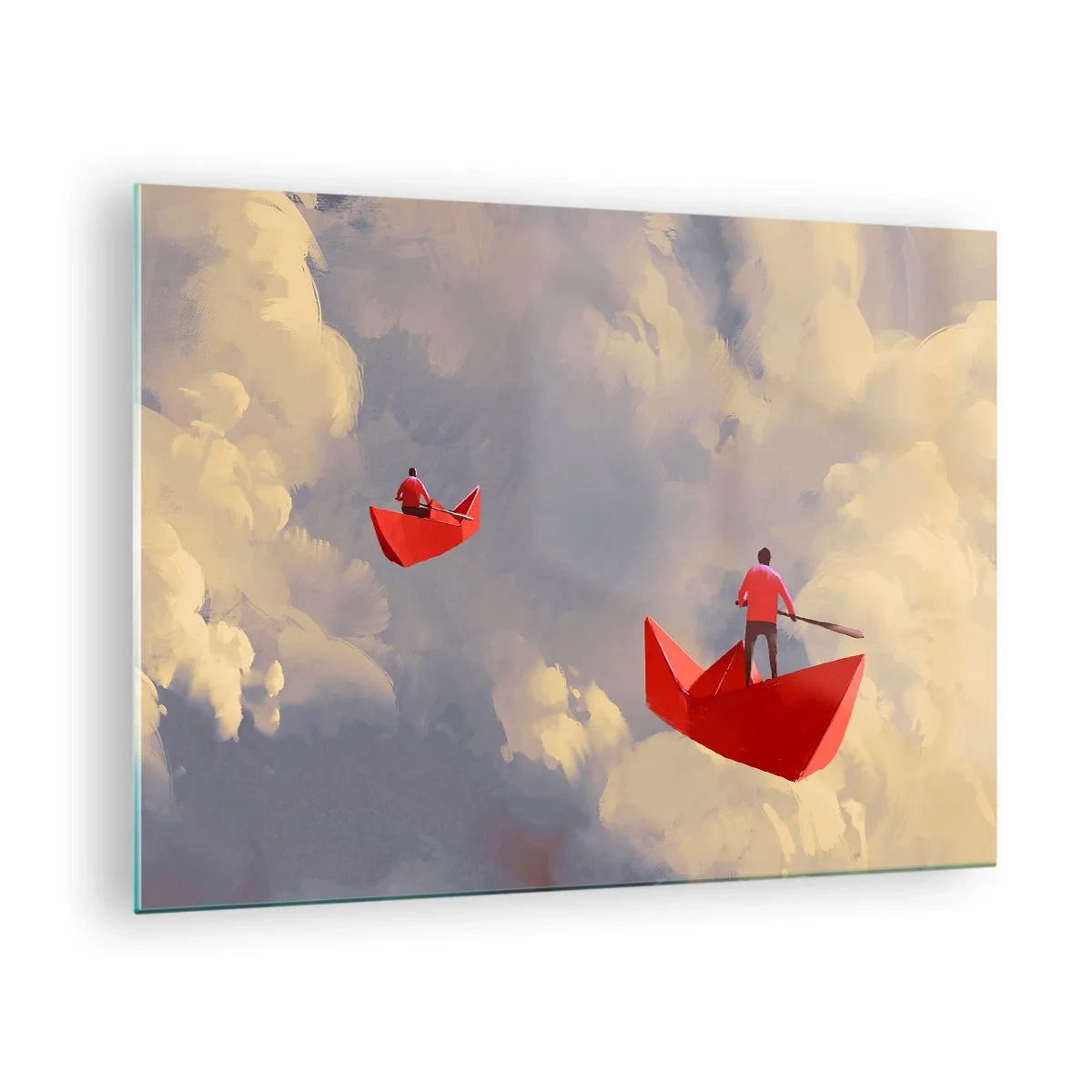 Schilderen op glas - Twee mensen in rode boten tegen een bewolkte lucht - 70x50cm - Dromers expeditie - Moderne wanddecoratie voor woonkamer en slaapkamer ARTTOR